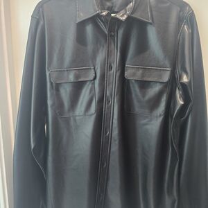 Murano Black Slim Fit Faux Leather Shirt